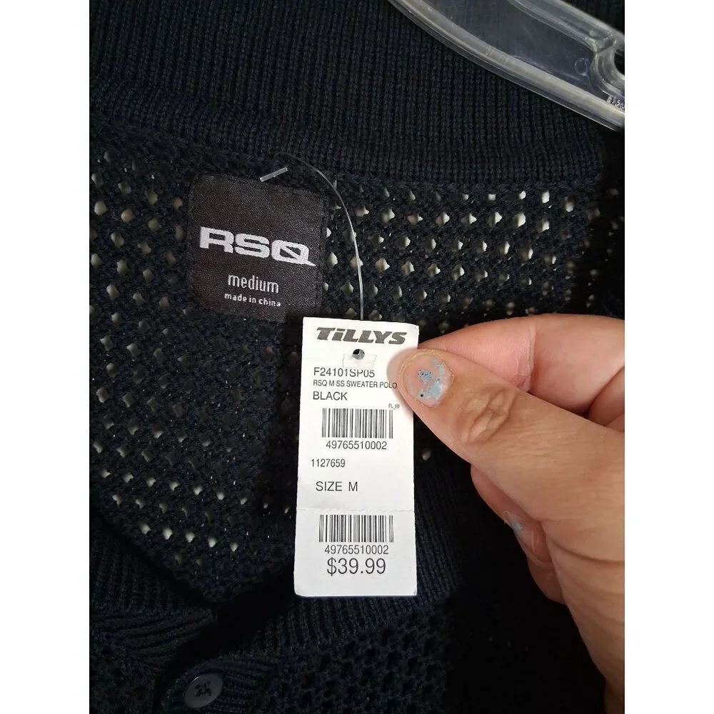 NWT RSQ Sweater Short Sleeve Open Knit Collared Black Men's Size Medium